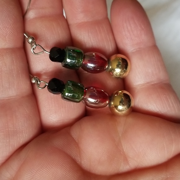 Gold Red And Green Baugle Earrings. Hypoallergenic. #000016 - Picture 2 of 3